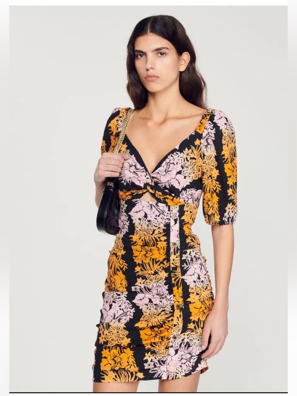 Sandro Black Floral Twist-Front Hawaiian Print Mini Dress in Pink Yellow Medium